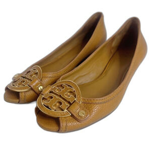 Tory Burch Leticia Peep Toe Wedges Tan Leather Brown Logo Medallion Size 9